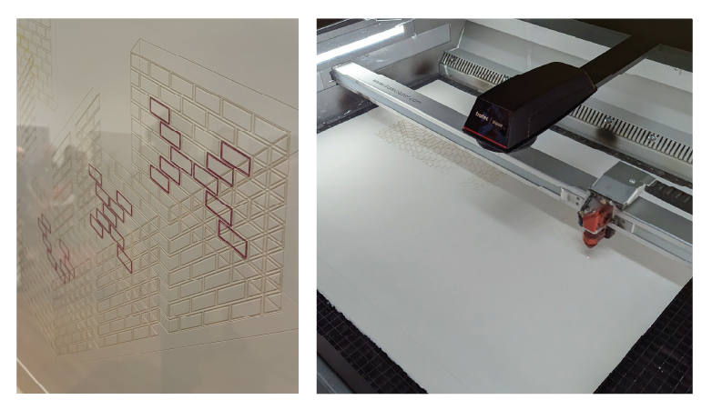 diptych of the finished laser cut work and in-progress at the Co-Lab