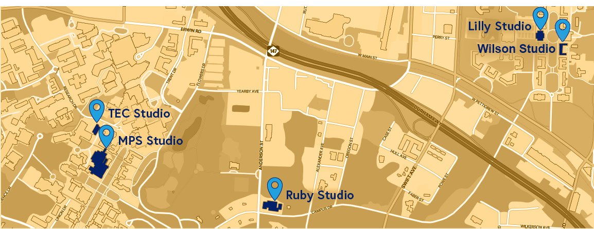 Map of campus with Co-Lab Studios (TEC, Ruby, Lilly, MPS, and Wilson)pinned. Addresses listed in each subpage.